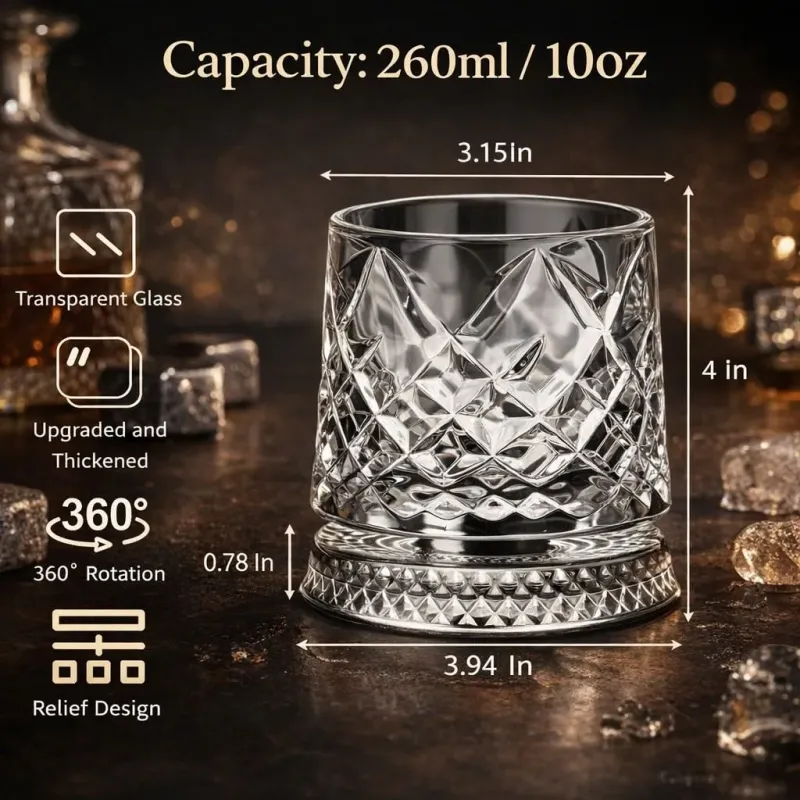 360° Spinning Crystal Whiskey Glass, Spinning Old Fashioned Tumblers with Stress-Relief Base, Luxury Gift for Scotch, Bourbon, Cocktail Lovers (Gemstone Style)