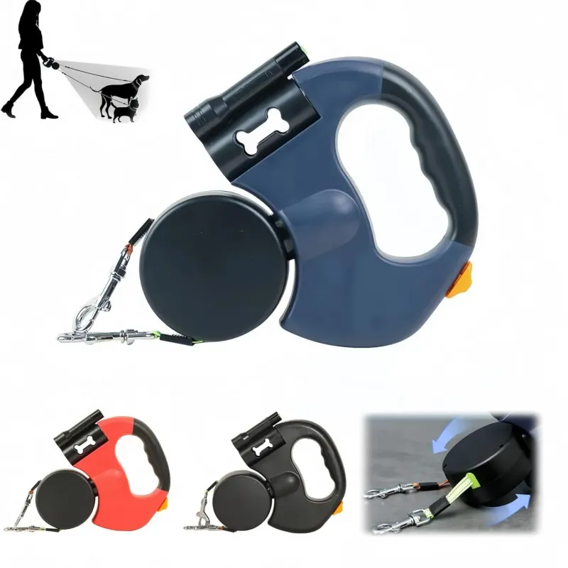 双伸缩狗绳，带LED手电筒和便便袋分发器 - 360°防缠绕