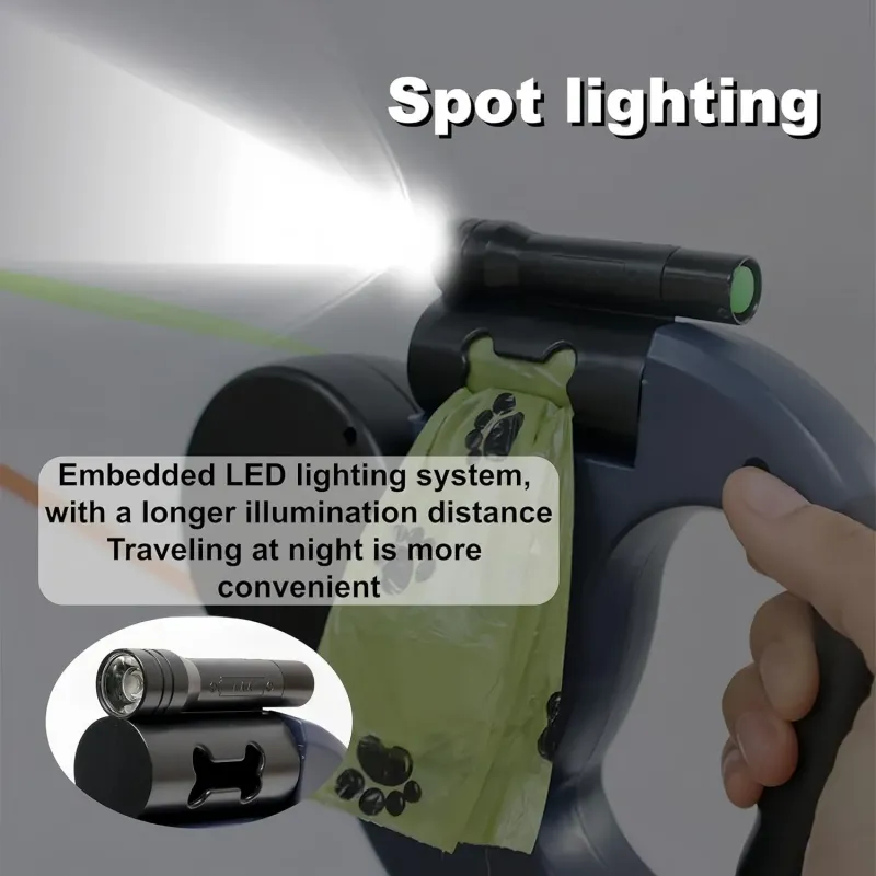 双伸缩狗绳，带LED手电筒和便便袋分发器 - 360°防缠绕