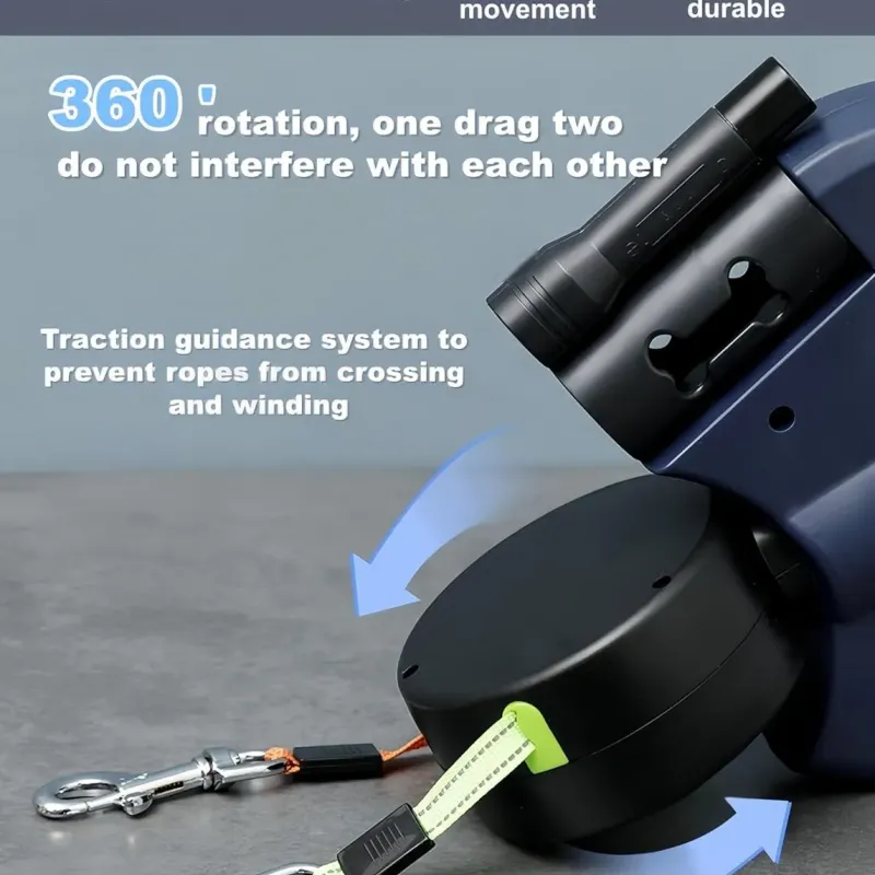 双伸缩狗绳，带LED手电筒和便便袋分发器 - 360°防缠绕