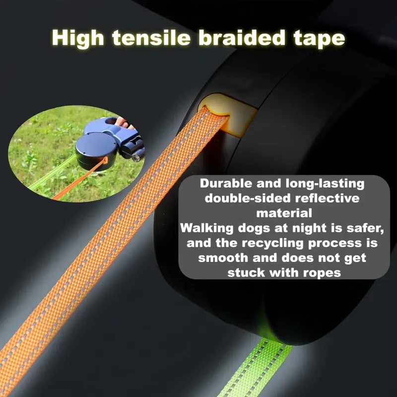 双伸缩狗绳，带LED手电筒和便便袋分发器 - 360°防缠绕