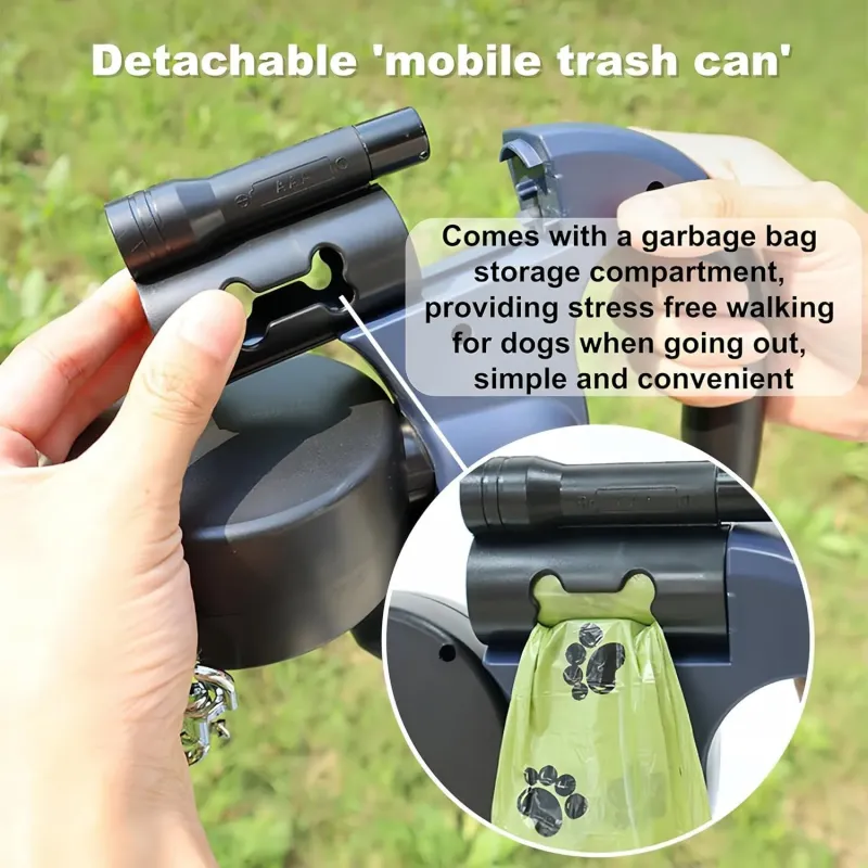 双伸缩狗绳，带LED手电筒和便便袋分发器 - 360°防缠绕
