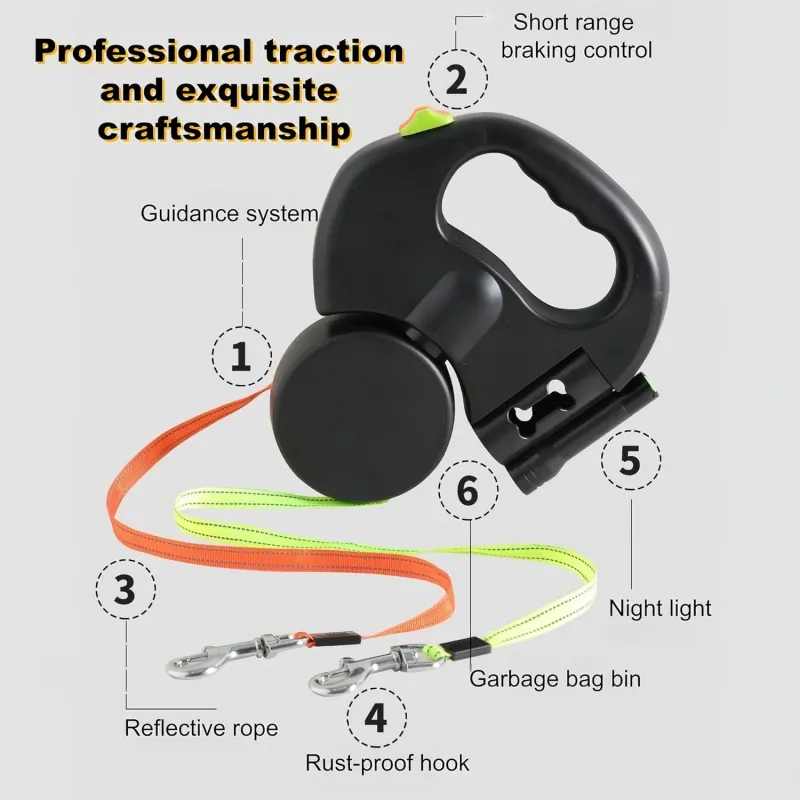 双伸缩狗绳，带LED手电筒和便便袋分发器 - 360°防缠绕