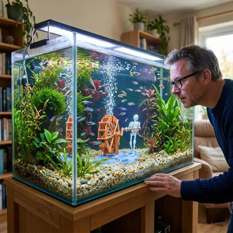 动态骷髅气泡石鱼缸造景装饰，气动水族箱充氧增氧摆件