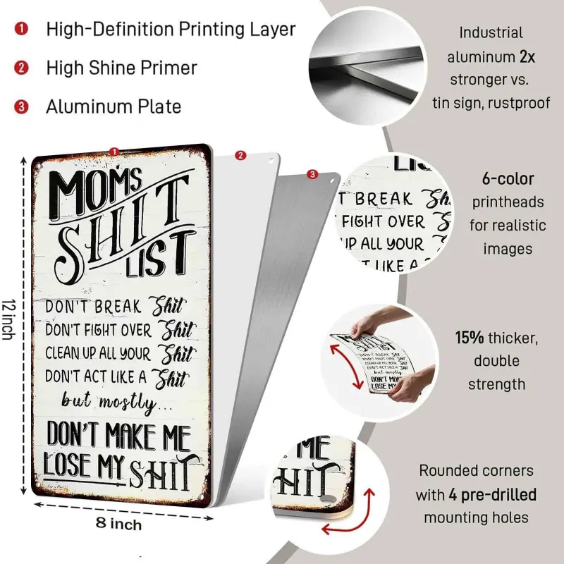 Mom's Sh*t List Funny Aluminum Metal Sign Retro Wall Decor 8x12 Inch