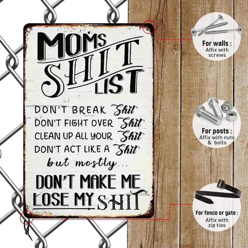 Mom's Sh*t List Funny Aluminum Metal Sign Retro Wall Decor 8x12 Inch