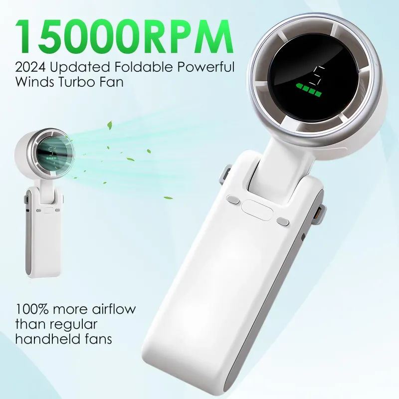 便携式手持迷你涡轮风扇，三合一可折叠颈挂式/桌面式风扇，5档风速，3600mAh可充电电池