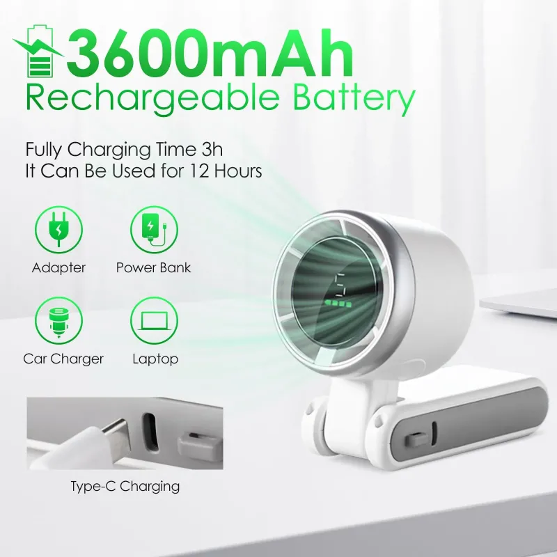 便携式手持迷你涡轮风扇，三合一可折叠颈挂式/桌面式风扇，5档风速，3600mAh可充电电池