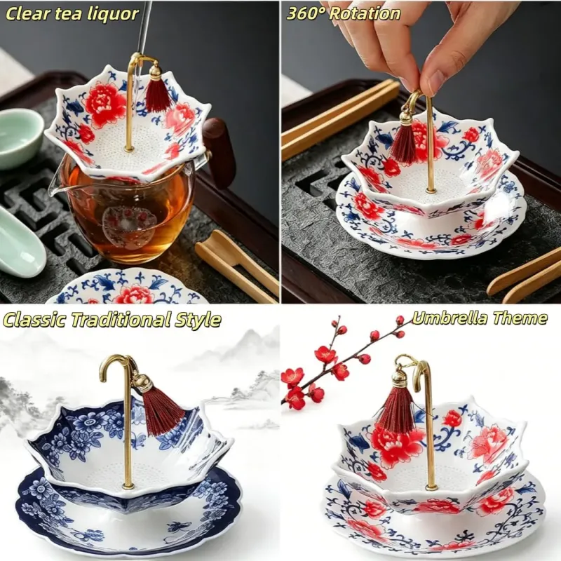 Umbrella-Shaped Ceramic Tea Filter Rotatable Porcelain Tea Strainer Reusable Tea Separator