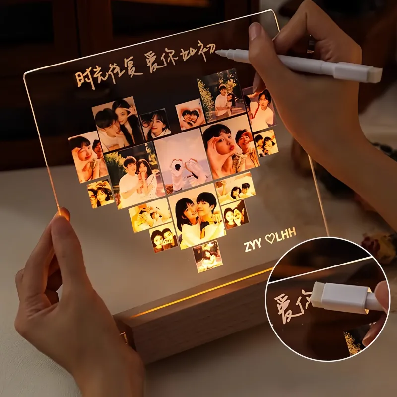 定制亚克力照片夜灯留言板 - 带无线底座的个性化相框