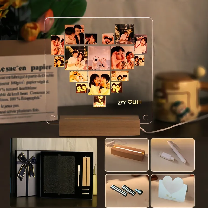 定制亚克力照片夜灯留言板 - 带无线底座的个性化相框