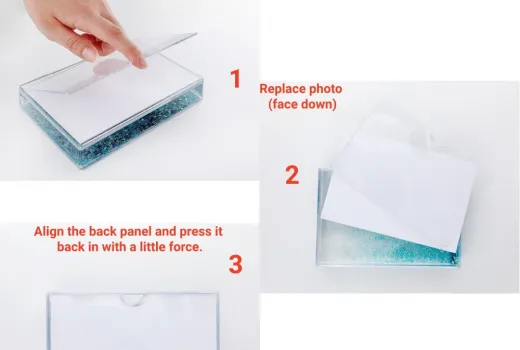 Kit de cadre photo à faire soi-même, comment changer de photo dans un cadre liquide, bloc acrylique personnalisé avec photos, idées cadeaux personnalisées.