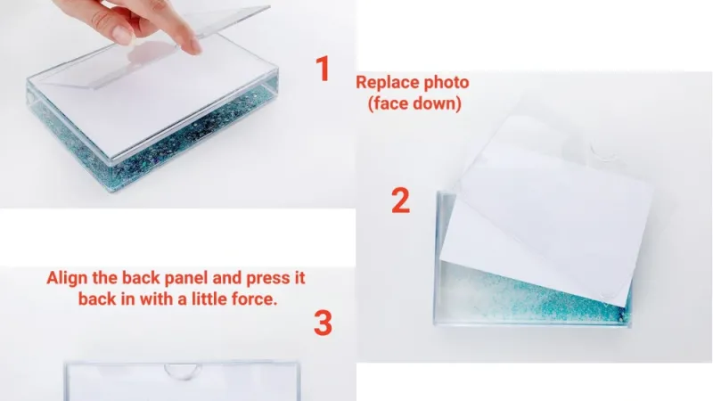 Kit de cadre photo à faire soi-même, comment changer de photo dans un cadre liquide, bloc acrylique personnalisé avec photos, idées cadeaux personnalisées.