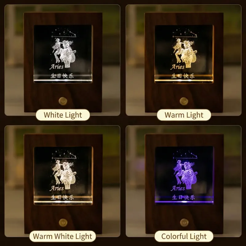 定制双星座夜灯 - 高级黑胡桃木和K9水晶3D灯