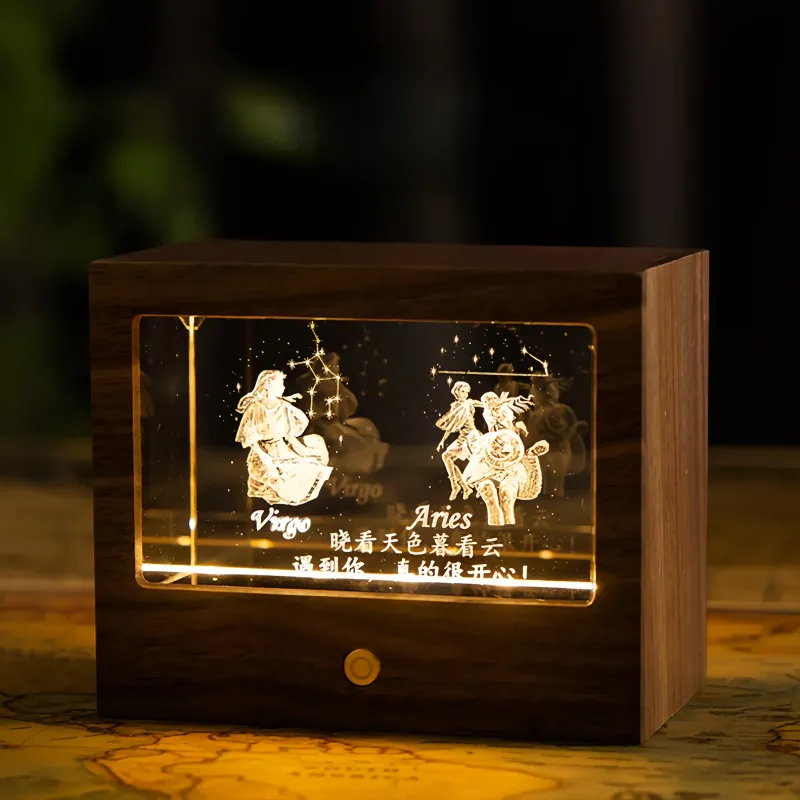 定制双星座夜灯 - 高级黑胡桃木和K9水晶3D灯