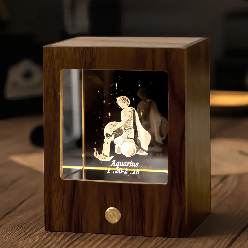 定制双星座夜灯 - 高级黑胡桃木和K9水晶3D灯