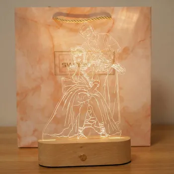 定制手绘线条艺术夜灯 - 个性化照片亚克力灯，带木质底座