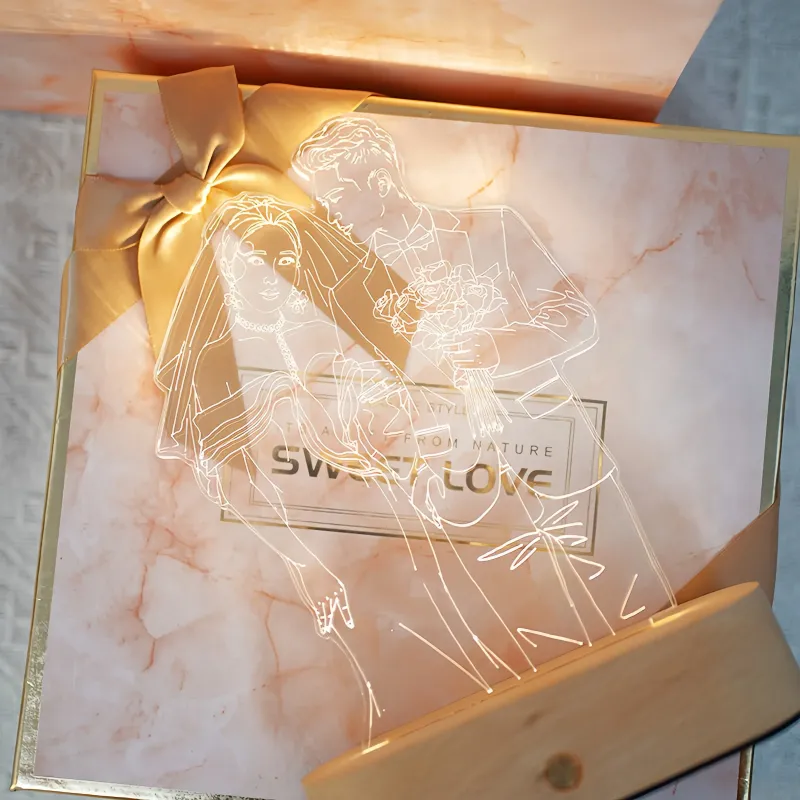 定制手绘线条艺术夜灯 - 个性化照片亚克力灯，带木质底座