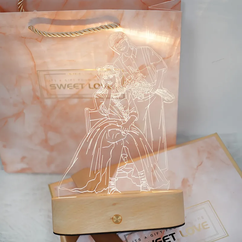 定制手绘线条艺术夜灯 - 个性化照片亚克力灯，带木质底座