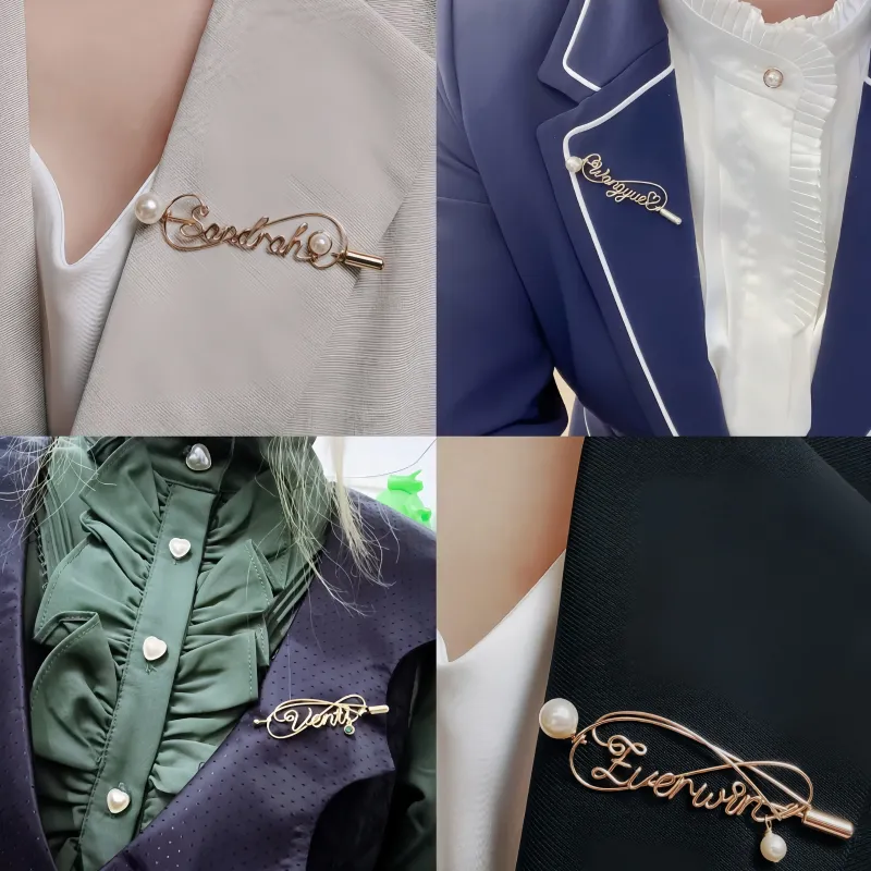 个性化珍珠名字胸针 - 定制字母首字母徽章 14K 包金优雅珠宝礼物