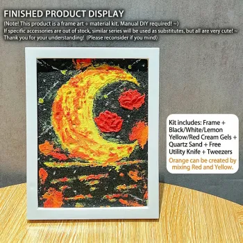 DIY 3D立体沙画套装 - 月亮与红玫瑰 - 奶油色胶水和石英沙立体画框