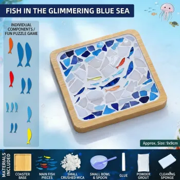 蓝色海洋鱼DIY马赛克杯垫工艺套装 | 方形