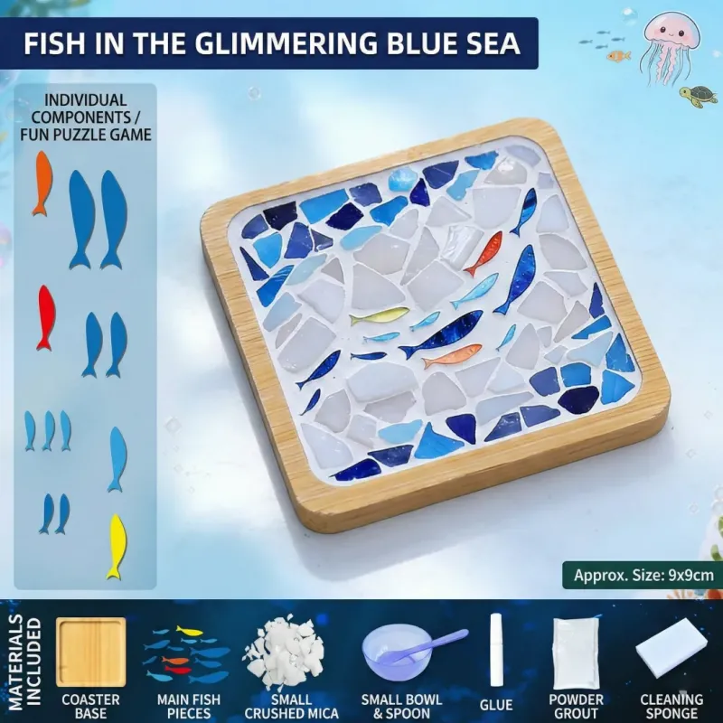 蓝色海洋鱼DIY马赛克杯垫工艺套装 | 方形