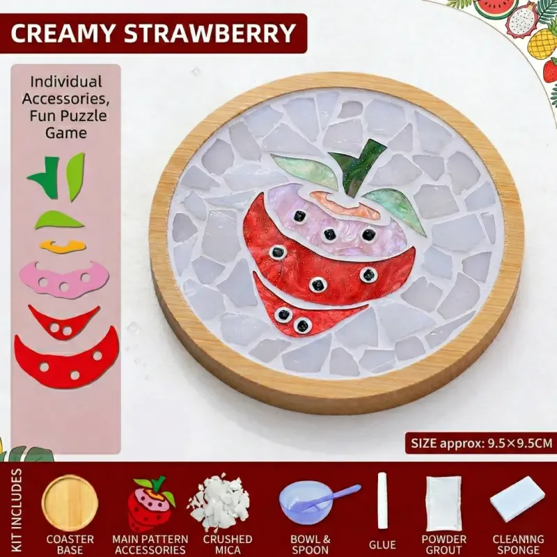 奶油草莓DIY马赛克杯垫工艺套装 | 圆形