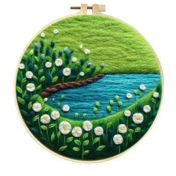 手工羊毛毡亮绿色山坡蓝色湖泊风景墙面艺术装饰