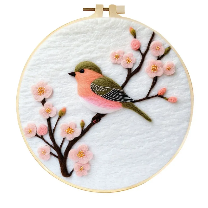 Декор для детской комнаты: настенное панно ручной работы из шерстяного фетра с изображением цветущей вишни и сидящей на ветке певчей птицы.