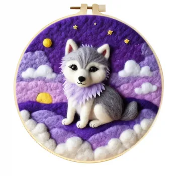 Handmade Wool Felt Cloudy Night Gray Purple Wolf Wall Art Decor