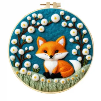 Decoración de pared para habitación infantil con zorro naranja, hecho a mano, con flores de algodón y fieltro de lana