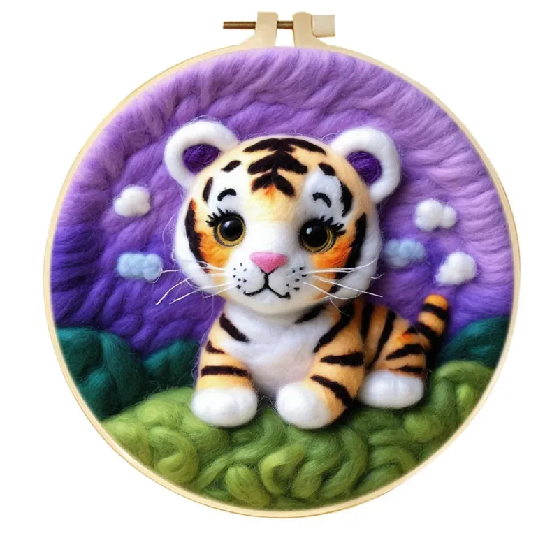 手工羊毛毡梦幻紫色小老虎婴儿房墙挂装饰