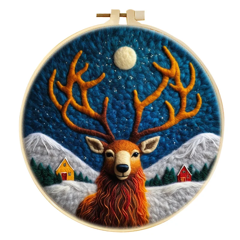 Handmade Wool Felt Full Moon Snowy Mountain Stag Wall Hanging Decor