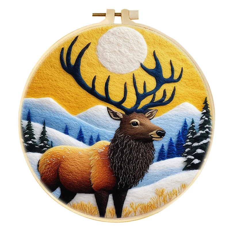 Handmade Wool Felt Golden Sky Blue Antler Stag Winter Wall Art Decor