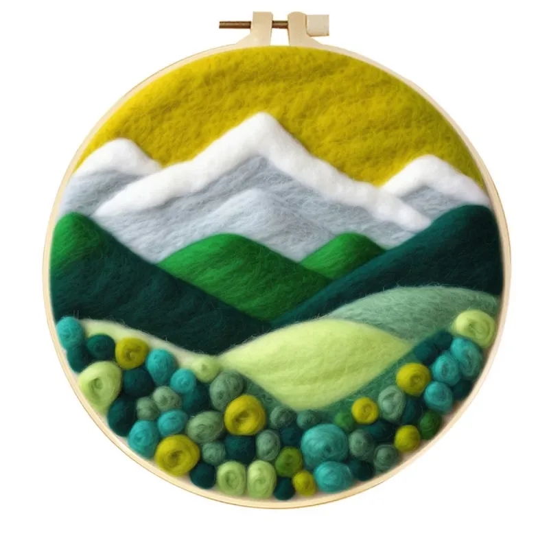 手工羊毛毡金色天空雪山山谷风景壁挂