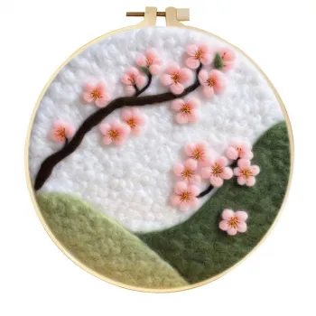 Arte colgante de pared con flores de cerezo en ladera verde, hecho a mano en fieltro de lana
