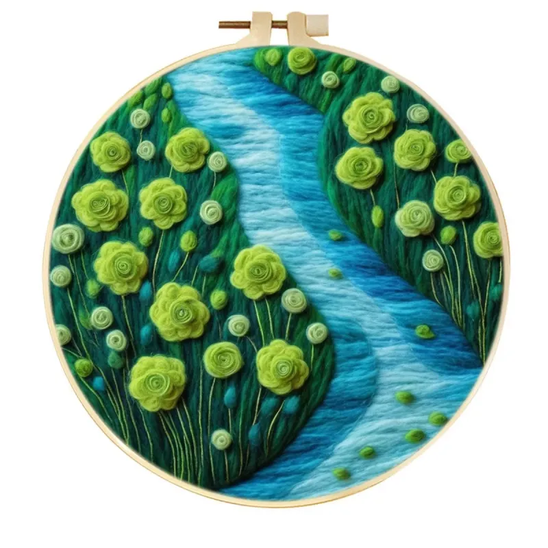 手工羊毛毡绿玫瑰蜿蜒溪流山谷风景墙面艺术装饰