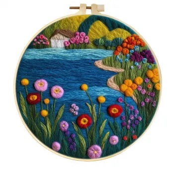 Arte colgante de pared de flores silvestres junto al lago, hecho a mano, con fieltro de lana