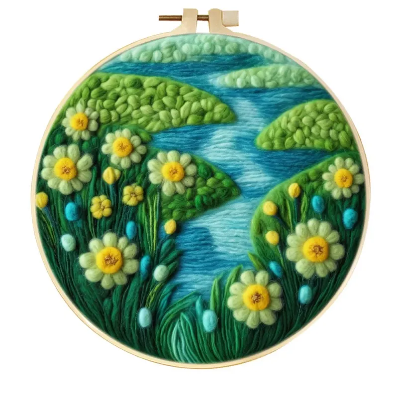 Arte colgante de pared con paisaje de estanque de margaritas y nenúfar de fieltro de lana hecho a mano