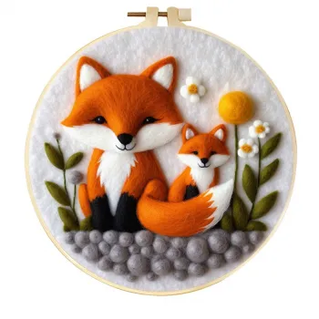 Декор для детской комнаты: фигурки мамы и детеныша лисички из шерстяного фетра, выполненные вручную в технике ромашкового цветения.