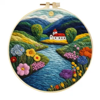 手工羊毛毡月光山谷红顶教堂风景墙面艺术装饰