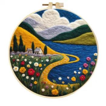 手工羊毛毡山湖金色小径小屋风景墙饰