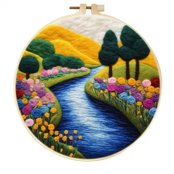 Décoration murale artisanale en feutre de laine représentant un paysage arc-en-ciel et des roses, inspiré d'un méandre de la rivière.