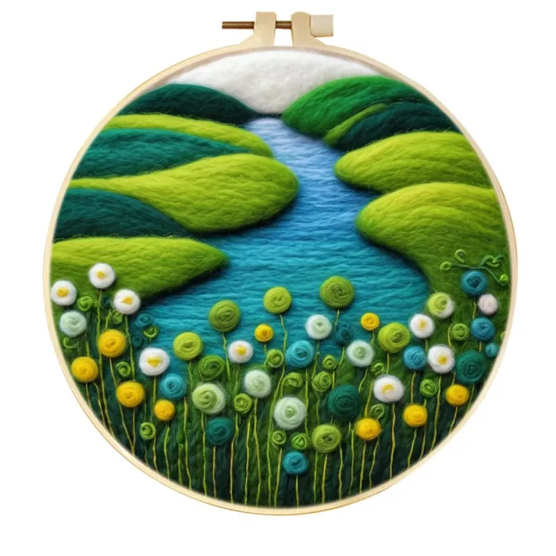 手工羊毛毡绵延山丘混合野花湖泊风景壁挂装饰