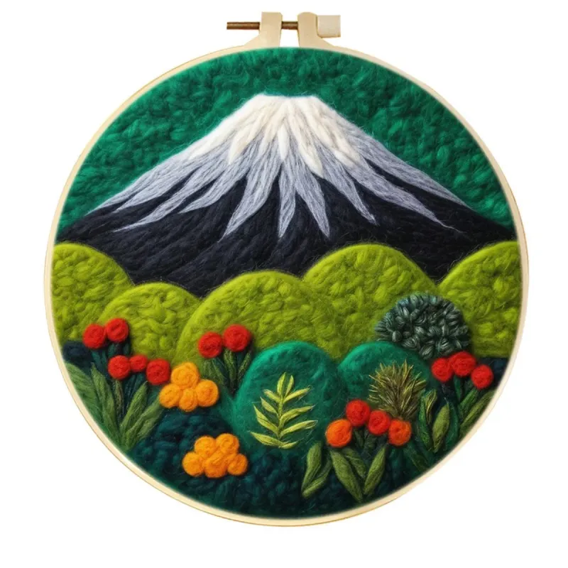 手工羊毛毡雪山花卉花园风景墙面装饰画