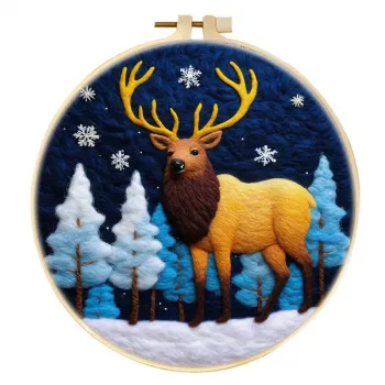 手工羊毛毡雪夜蓝森林金色鹿角雄鹿圣诞墙饰