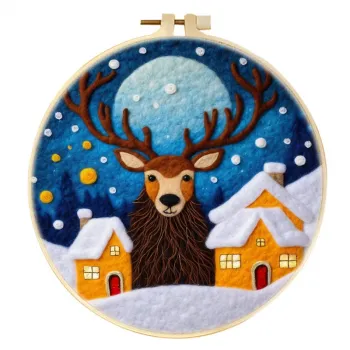 手工羊毛毡雪夜温暖小屋雄鹿冬季壁挂艺术品