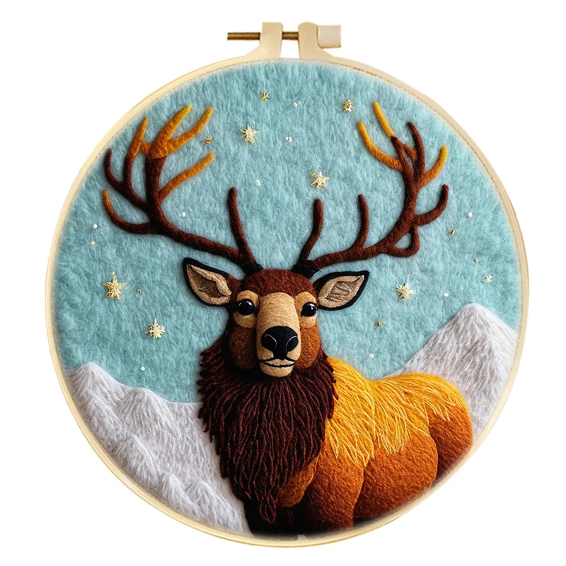 Декоративное настенное украшение ручной работы из шерстяного войлока в виде коричневого оленя на снежной вершине в стиле «Звездный свет».