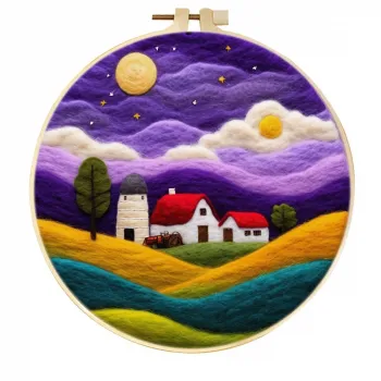 手作りウールフェルト製 星空の夜 赤い屋根のホームステッド ウォールアート デコレーション